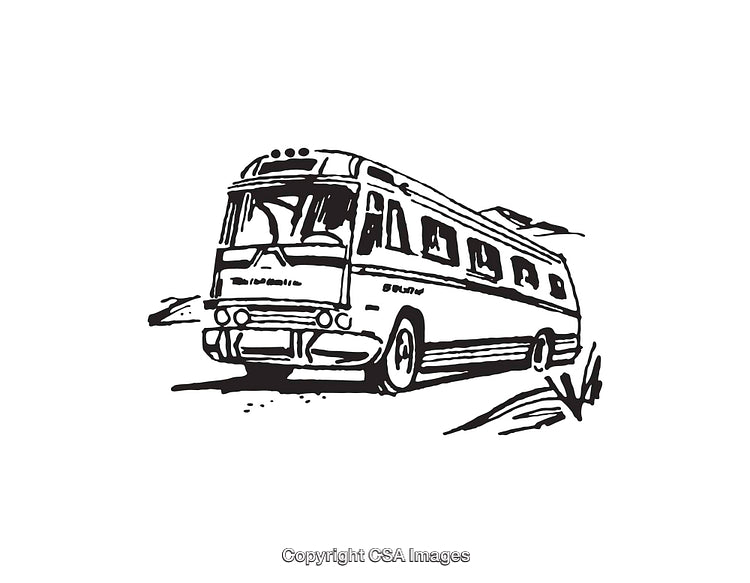 Vintage Line Art Illustration of a Bus in Motion on Open Road