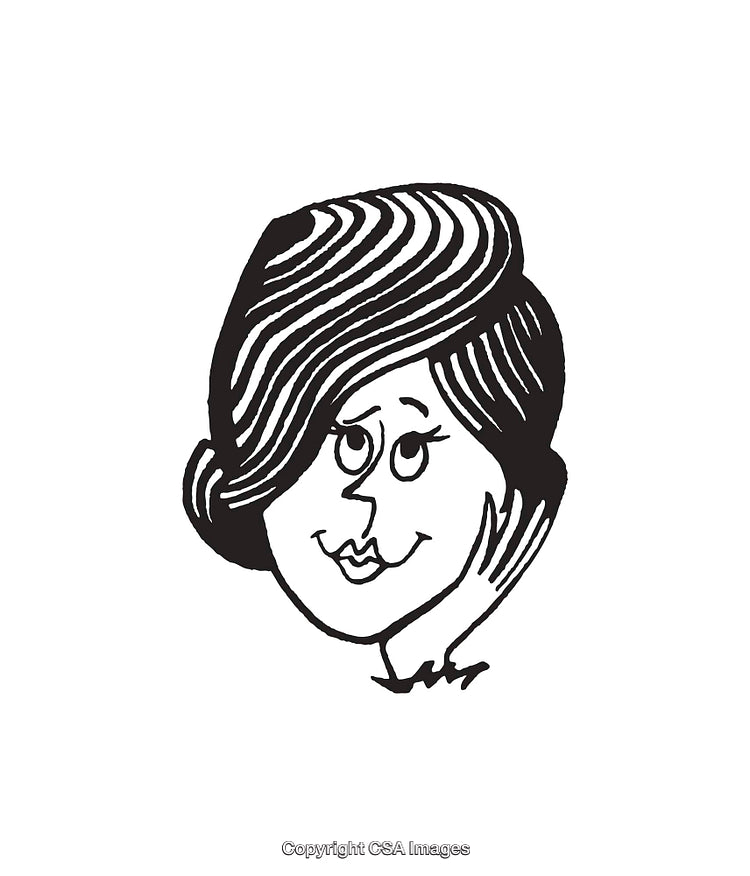 Hand-Drawn Woman Illustration With Hairstyle and Smiling Expression in Black and White