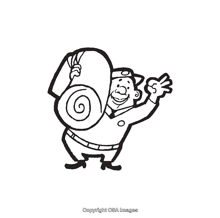 Black And White Line Art of a Happy Worker Carrying Carpet
