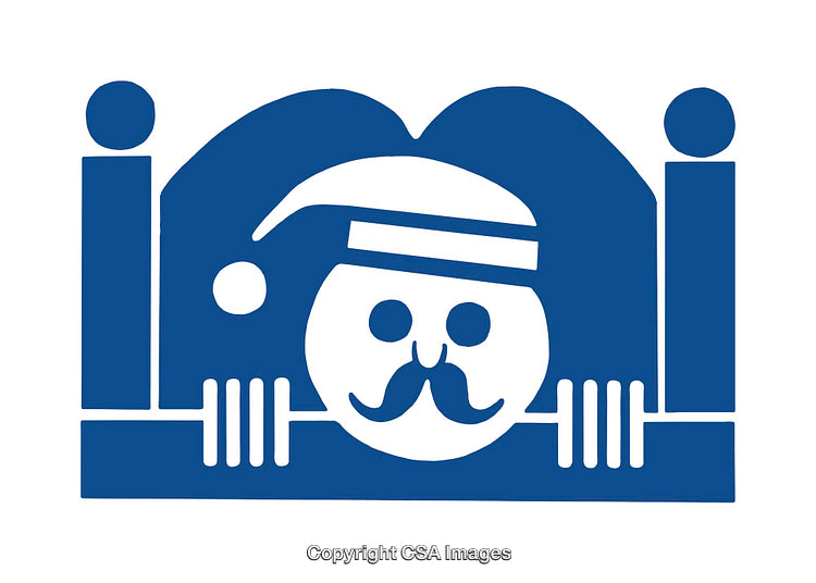 Blue Icon of a Mustached Figure Wearing a Santa Hat Between Bars