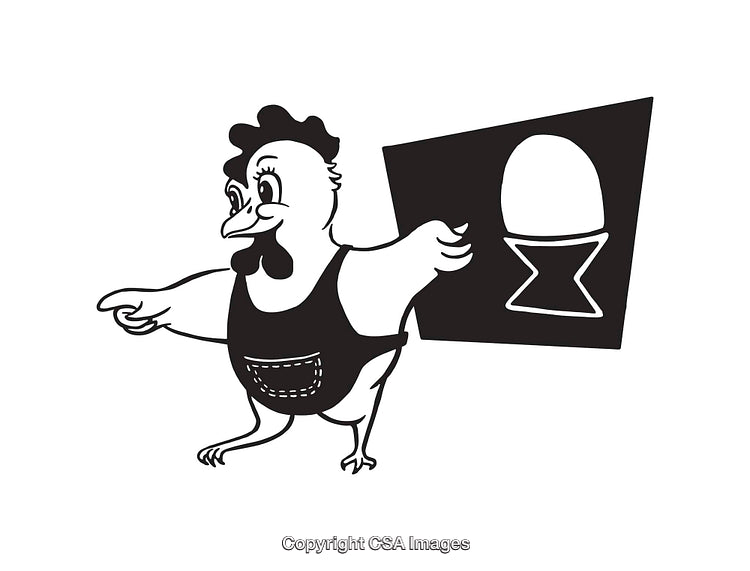 Black and White Illustration of a Cartoon Chicken Wearing an Apron