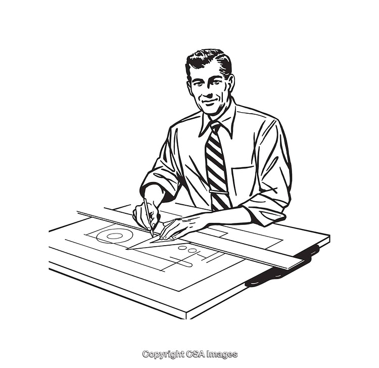 Retro Style Line Art of a Professional Working at a Drafting Table