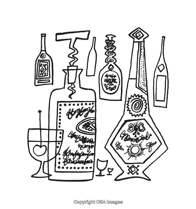 Hand-Drawn Line Art of Bottles and Glassware in Black and White