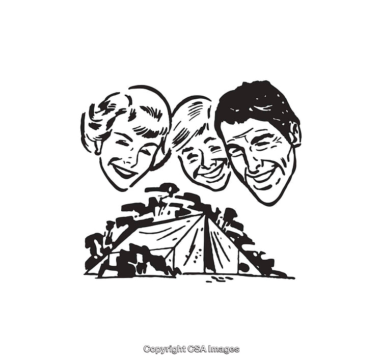 Vintage Line Art of Smiling Family and Camping Tent Illustration