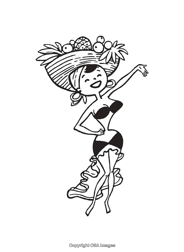 Cheerful Illustration of Dancing Fruit Hat Woman in Line Art Drawing
