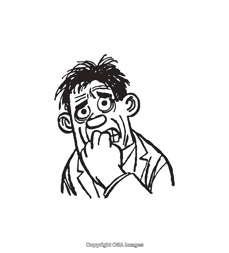 Black and White Cartoon of a Nervous Man Chewing Fingernails