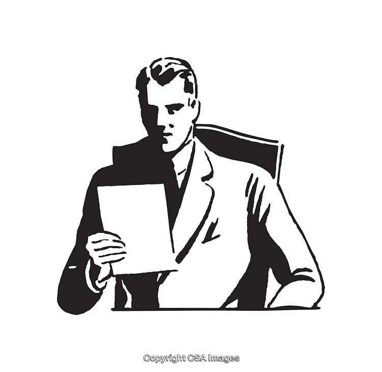 Black and White Line Art of a Businessman Reading a Document