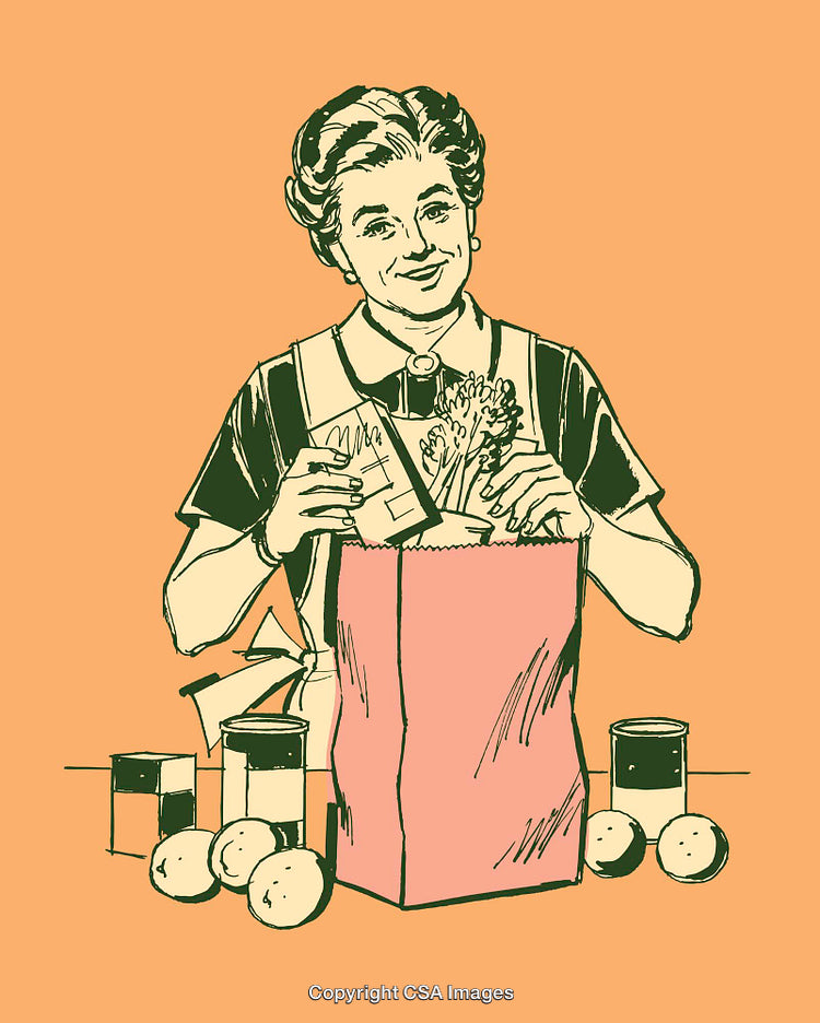 Illustrated Woman Packing Groceries into a Paper Bag on an Orange Background