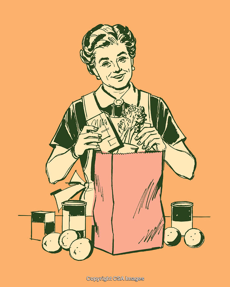 Illustrated Woman Packing Groceries into a Paper Bag on an Orange Background