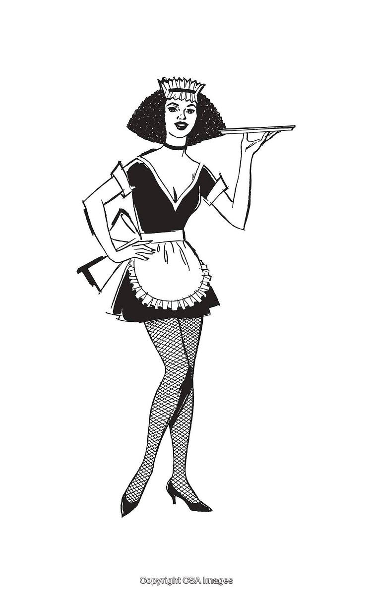 Retro Style Black and White Illustration of a Waitress Holding a Tray