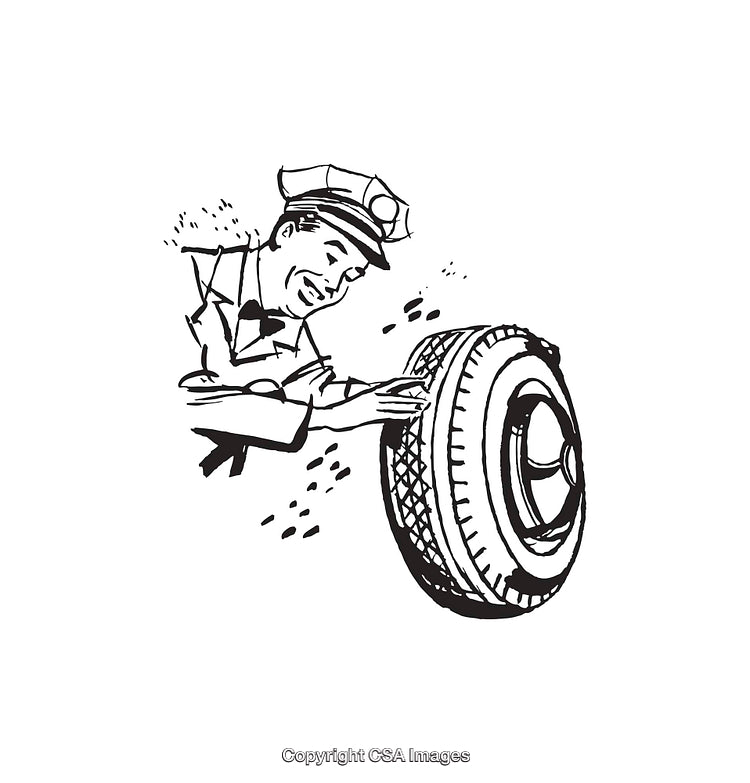 Vintage Illustration of a Worker Inspecting a Car Tire
