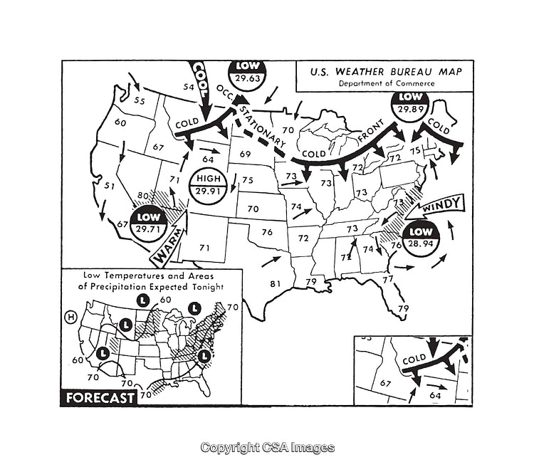 Vintage Styled Black and White U.S. Weather Bureau Map Illustration