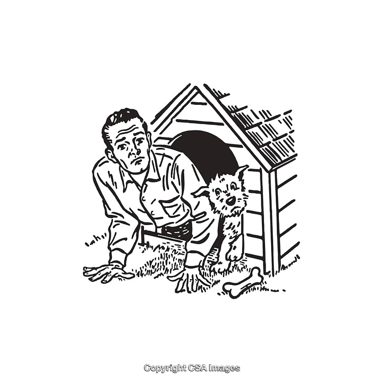 Man and Dog Emerging from Doghouse in Vintage Black and White Line Art