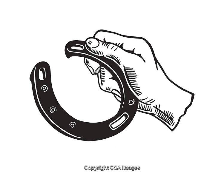 Illustration of a Hand Holding a Horseshoe in Black and White Line Art Style