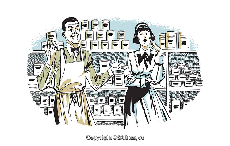 Retro Style Illustration of Store Workers Interacting With Products on Display