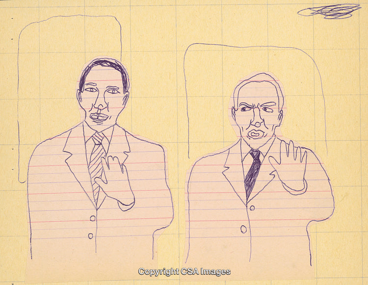 Hand-Drawn Sketch of Two Businessmen in Suits on Notebook Paper