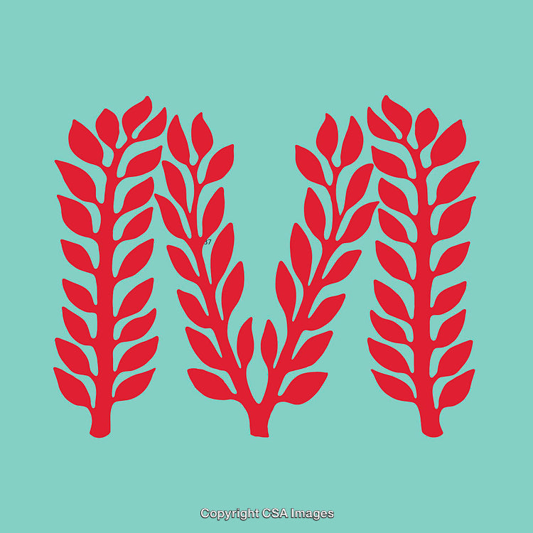 Red Ornamental Letter M Design on a Light Blue Background