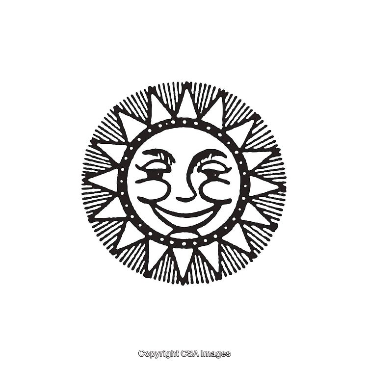 Black and White Artistic Illustration of a Smiling Sun with Decorative Rays