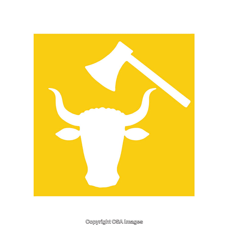 Minimalistic Yellow Icon of Axe Over Bull Silhouette