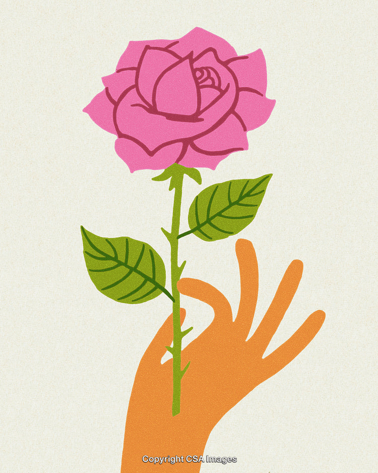 Illustrative Orange Hand Holding a Vibrant Pink Rose