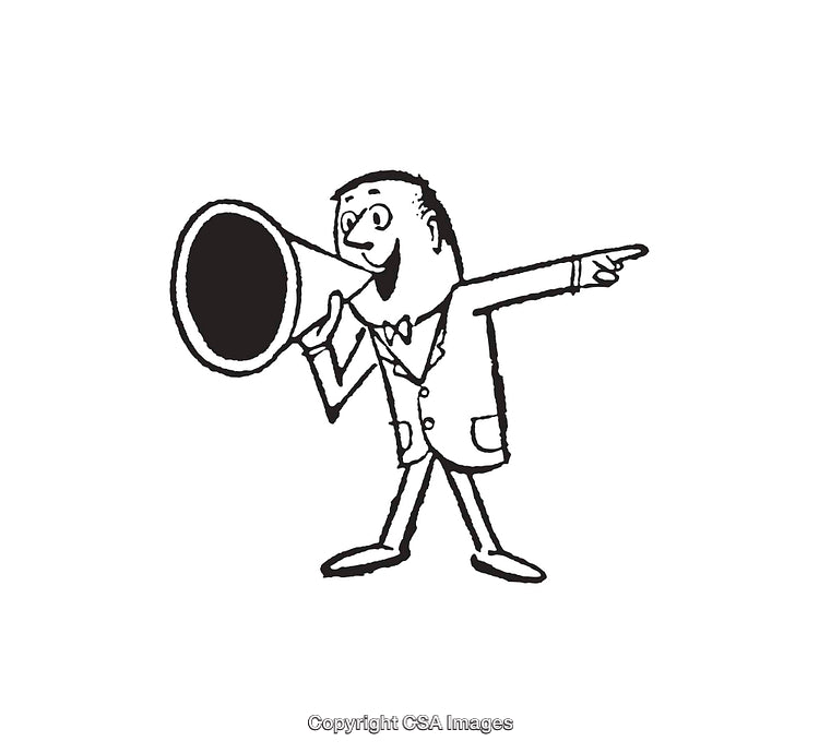 Vintage Style Black and White Cartoon of Man Speaking Through Megaphone
