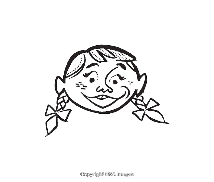 Black and White Line Art Illustration of a Cheerful Girl Character