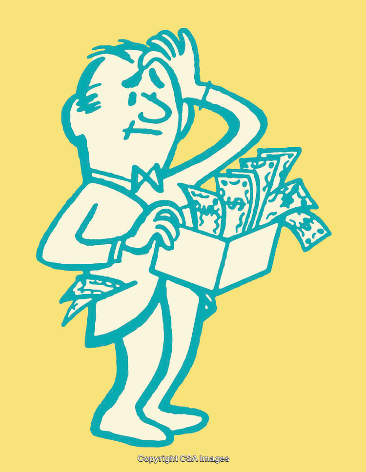 Cartoon Illustration of a Confused Man Holding Money and Papers
