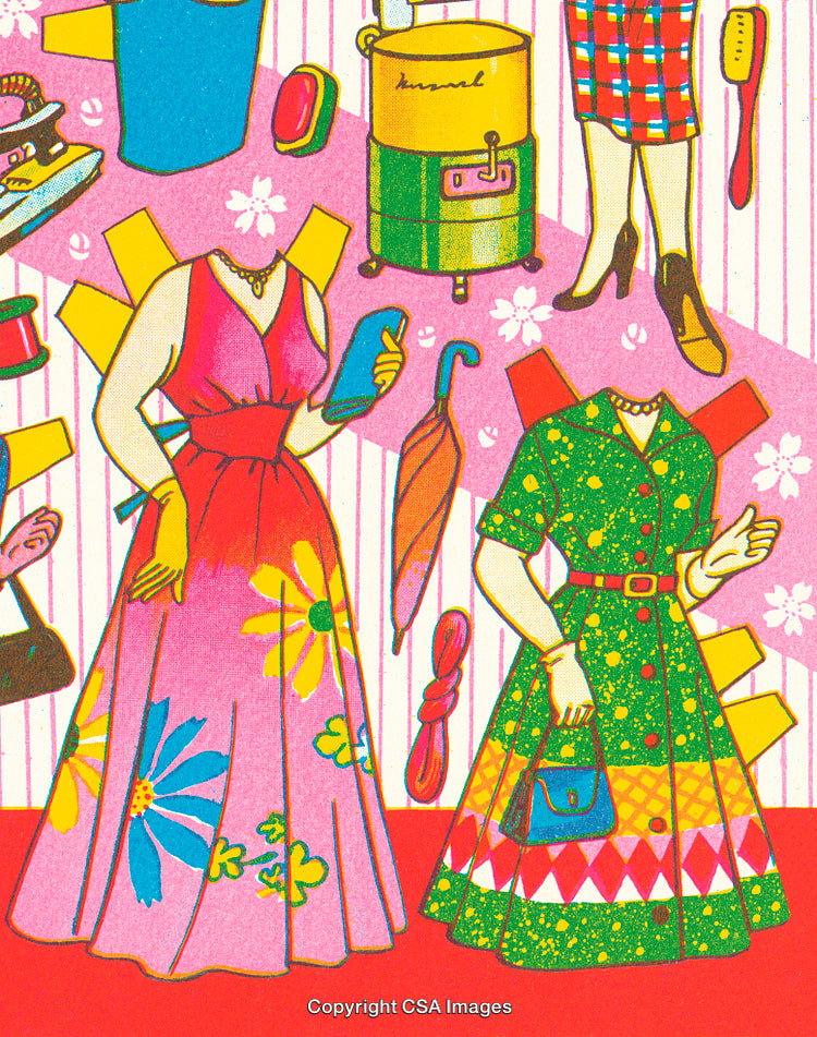 Retro Fashion Illustration Featuring Dresses and Household Items in Bright Colors