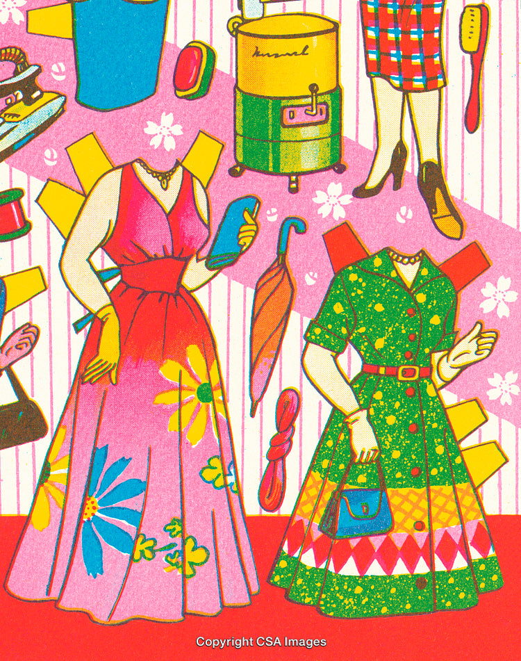 Retro Fashion Illustration Featuring Dresses and Household Items in Bright Colors