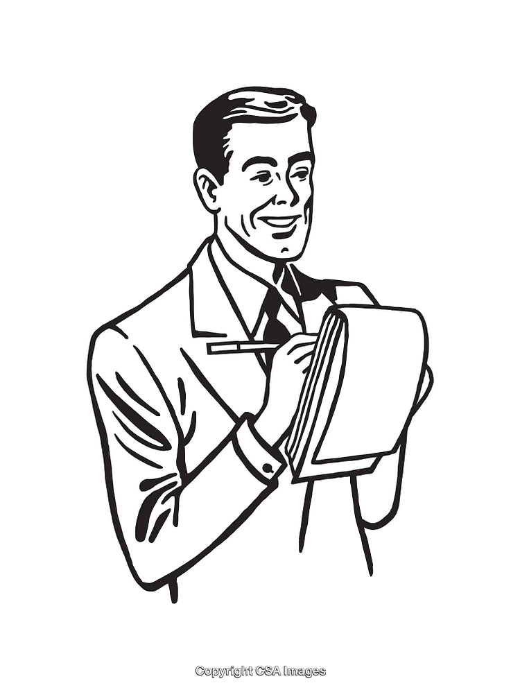 Retro Line Art Illustration of a Smiling Businessman with Notepad