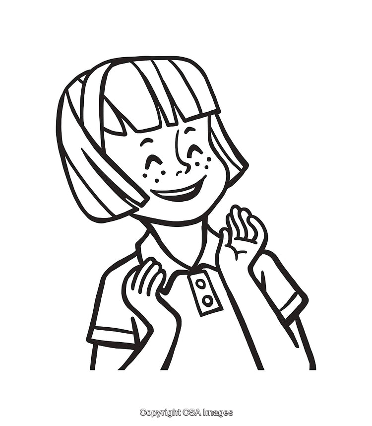 Smiling Girl in Black and White Line Art Illustration with Happy Expression