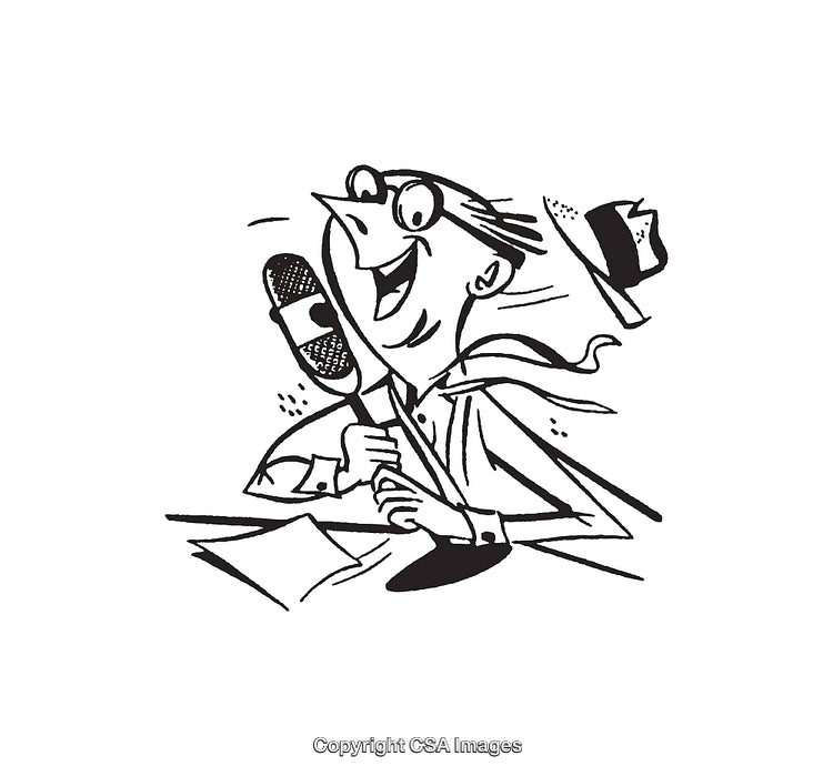 Retro Illustration of a Smiling Broadcaster Talking Into a Microphone