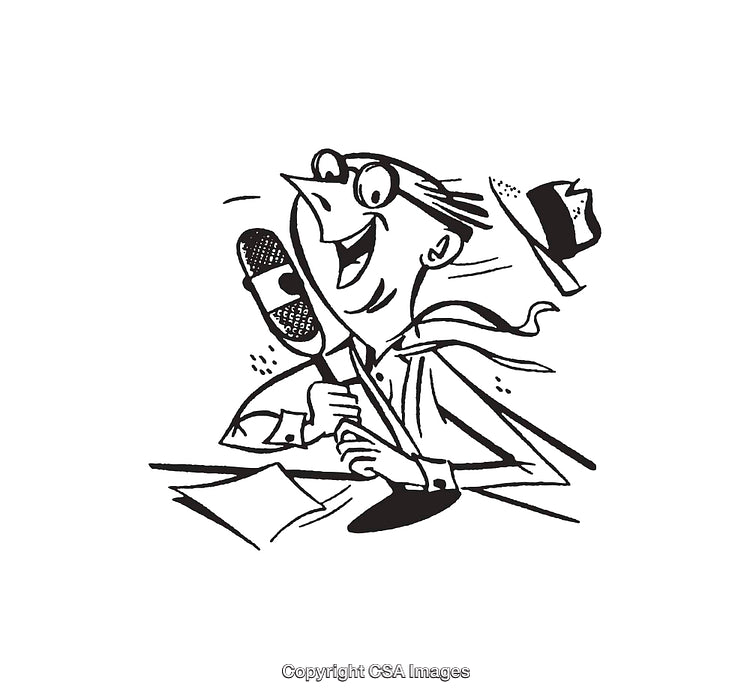 Retro Illustration of a Smiling Broadcaster Talking Into a Microphone