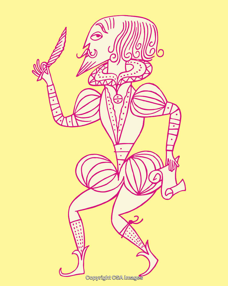 Stylized Line Art Illustration of a Historical Figure with Feather and Scroll