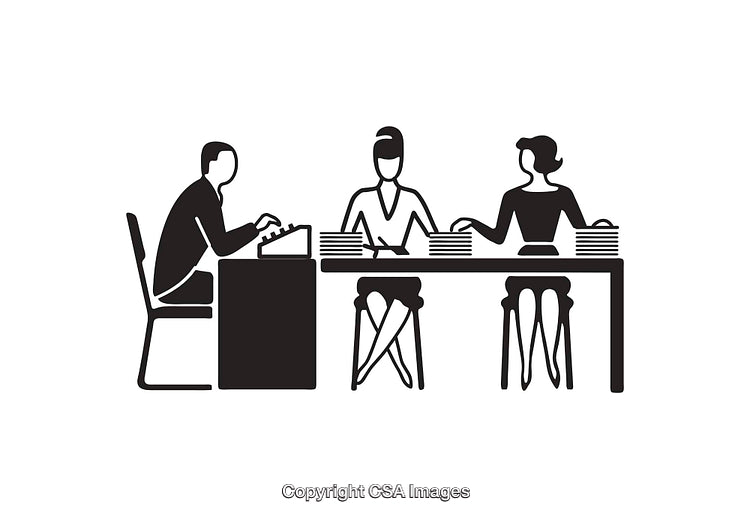 Minimalist Black and White Illustration of Office Workers at Desk