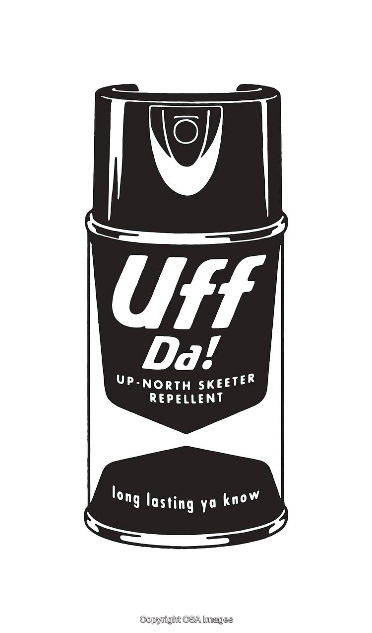 Black and White Illustration of a Humorful Skeeter Repellent Design