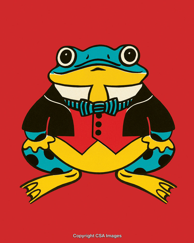 Colorful Illustration of a Well-Dressed Frog in a Formal Attire on Red Background