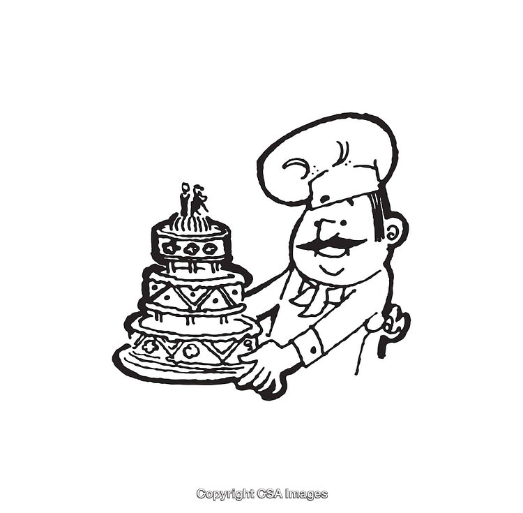 Smiling Chef Holding Elaborate Multi-Tiered Cake With Topper Illustration