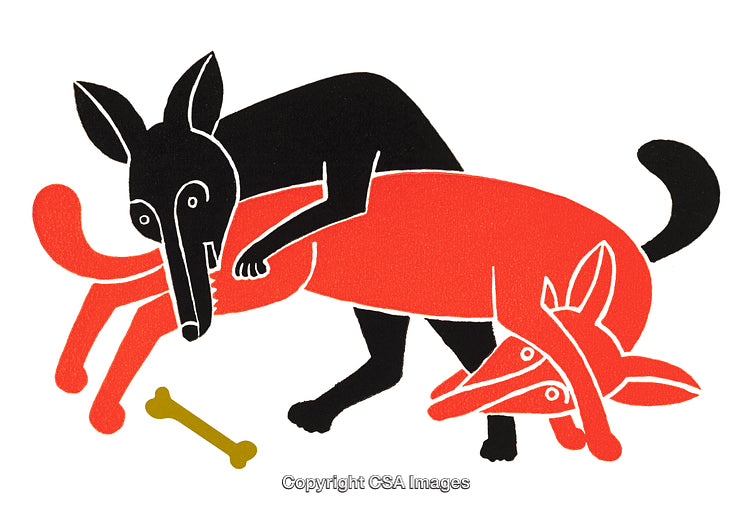 Artistic Illustration of Two Dogs Wrestling Over a Bone