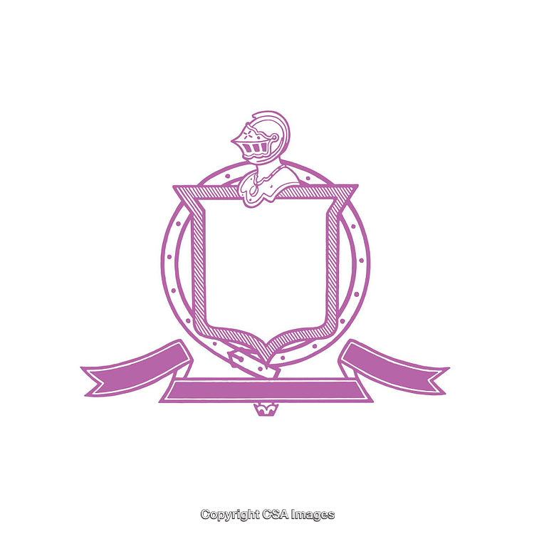 Purple Heraldic Emblem with Shield and Decorative Ribbon on White Background