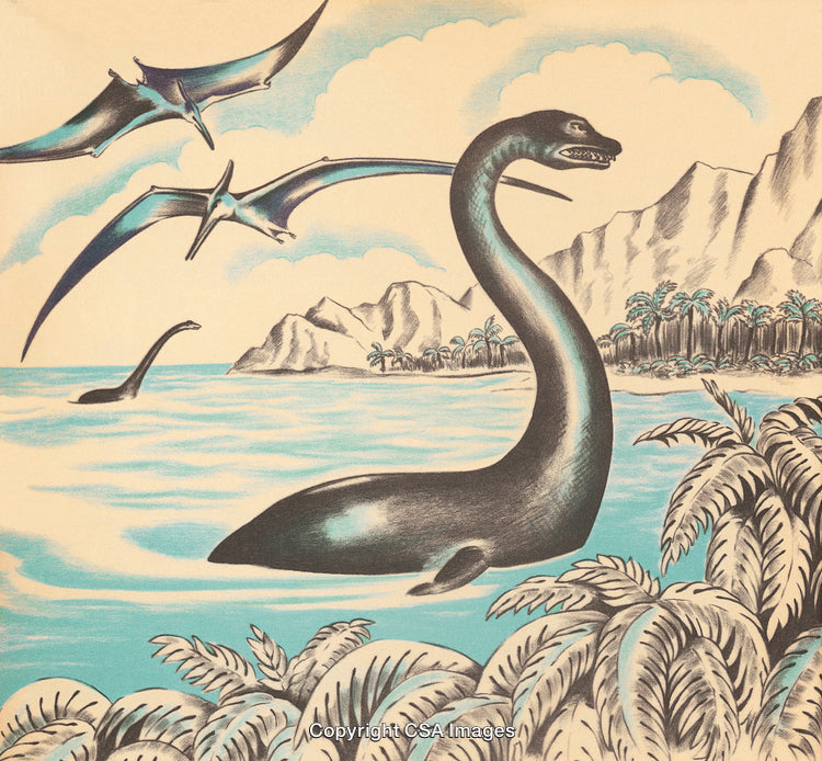 Retro Illustration of Dinosaurs and Pterosaurs in a Lush Landscape
