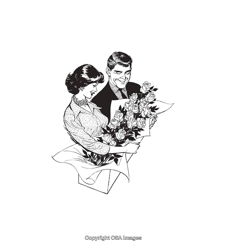 Retro Illustration of a Couple Receiving a Beautiful Floral Arrangement