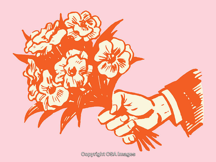 Retro Line Art of a Bouquet of Flowers on a Pink Background