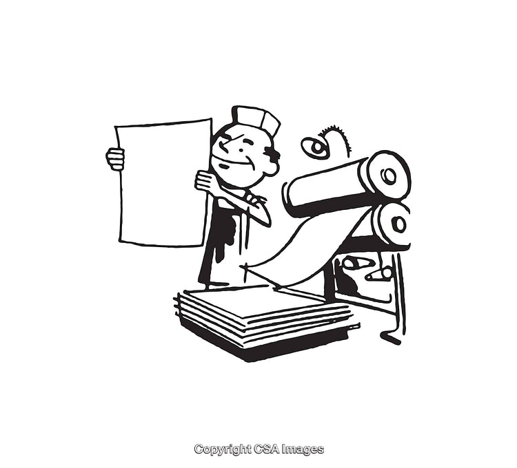 Black and White Line Art of Printing Worker at Press Machine