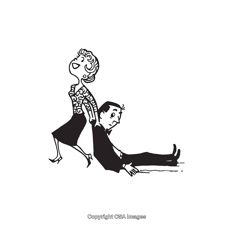Black and White Line Art Illustration of a Woman Dragging a Man