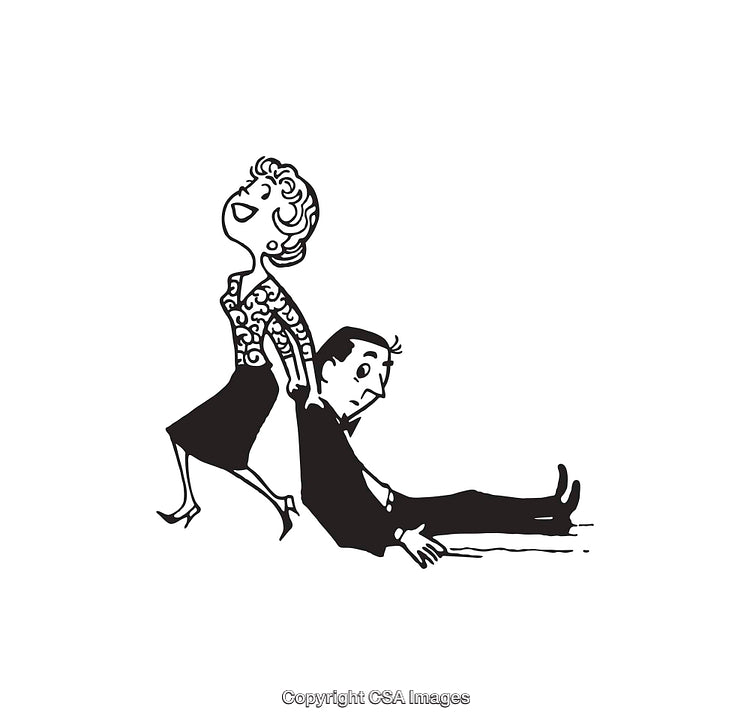 Black and White Line Art Illustration of a Woman Dragging a Man