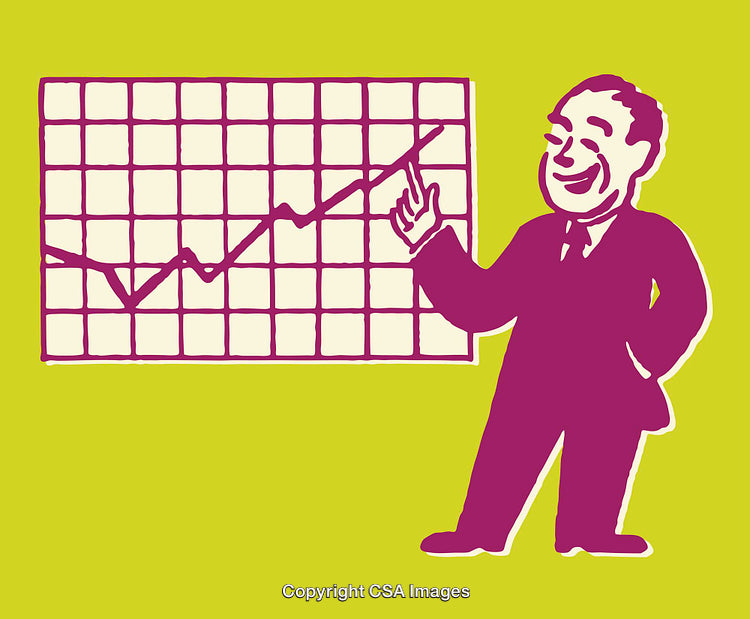 Retro Illustration of Businessman Presenting Graph on Bright Background