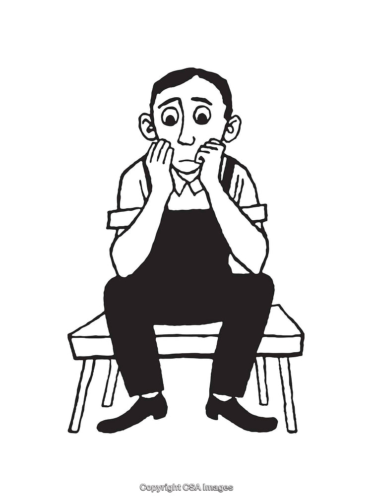 Worried Man Seated on a Bench in Black and White Line Art