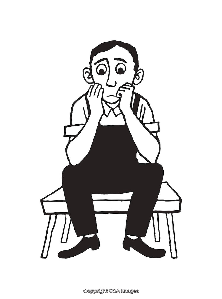 Worried Man Seated on a Bench in Black and White Line Art