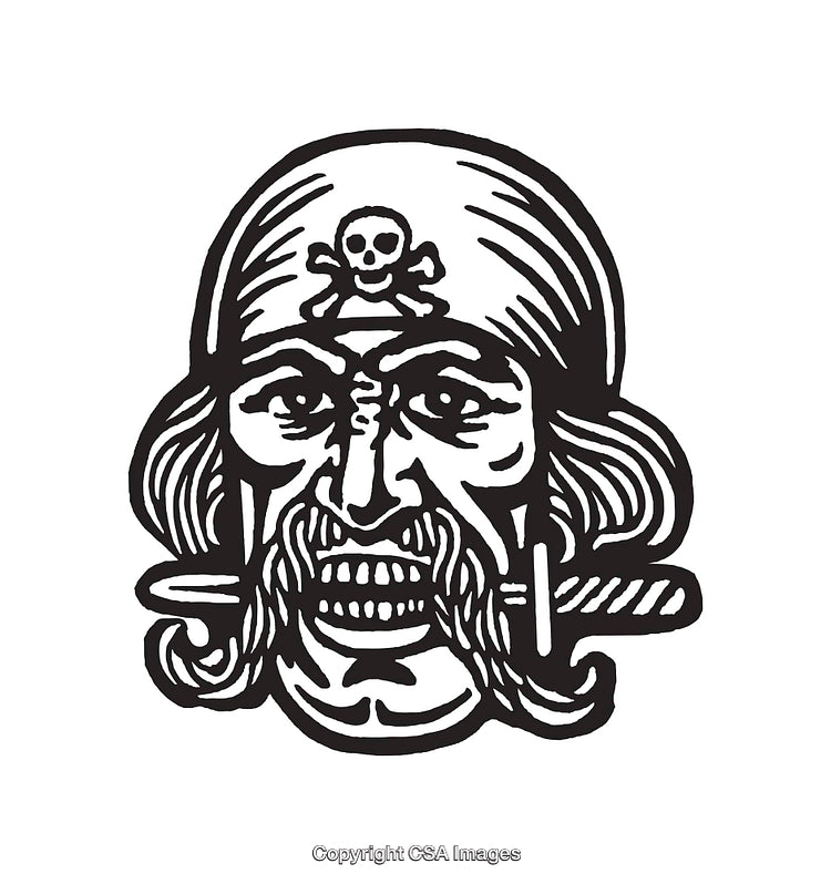 Black and White Pirate Illustration with Skull Bandana and Fierce Expression